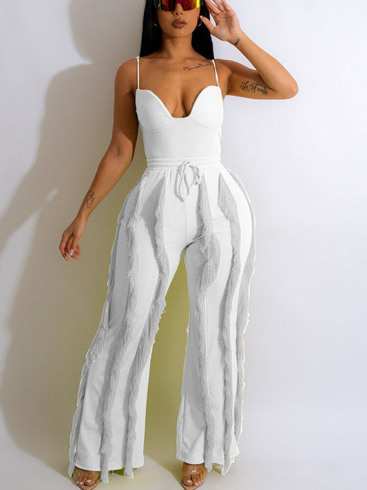 Women's Spaghetti Strap Tassels Fringed Slim Jumpsuit