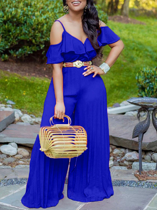 Women's Short Sleeve Off Shoulder Jumpsuit Summer Chic Wide Leg, No Belt