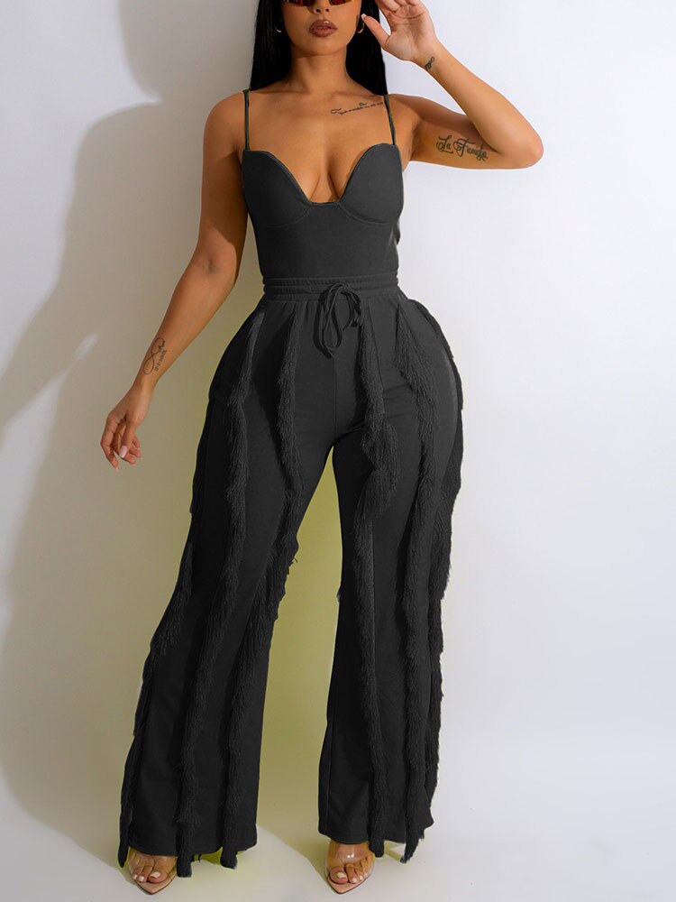 Women's Spaghetti Strap Tassels Fringed Slim Jumpsuit