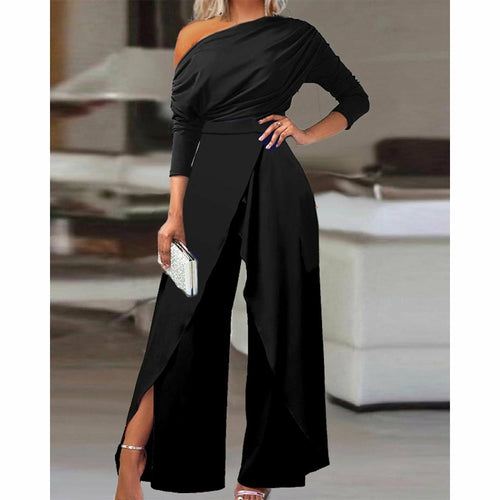 Women's Ruched Cold Shoulder Split Hem Wide Leg Jumpsuit