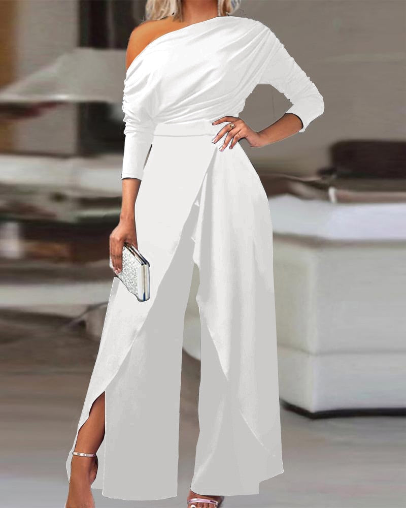 Women's Ruched Cold Shoulder Split Hem Wide Leg Jumpsuit