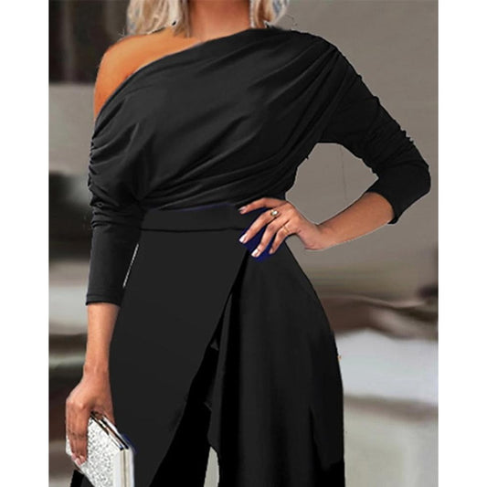 Women's Ruched Cold Shoulder Split Hem Wide Leg Jumpsuit