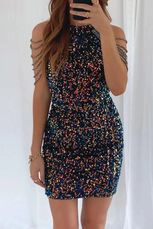 Women's Hanging Neck Sexy Crystal Tassel Bag Hip Sequin Dress