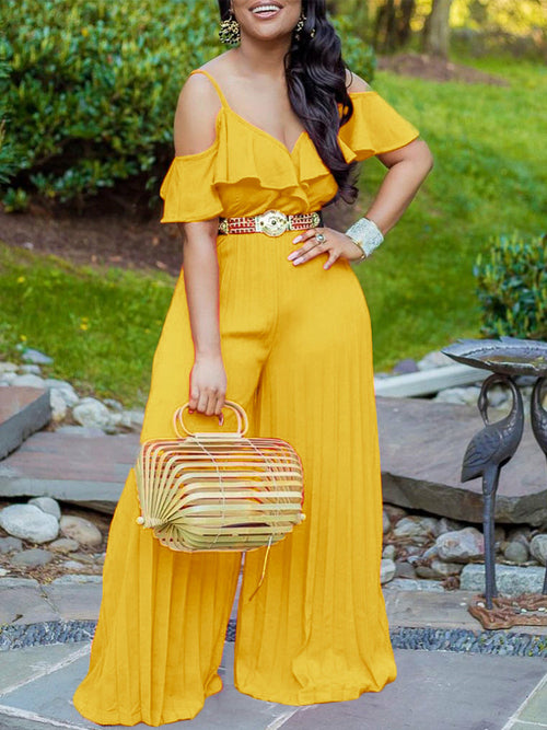 Women's Short Sleeve Off Shoulder Jumpsuit Summer Chic Wide Leg, No Belt