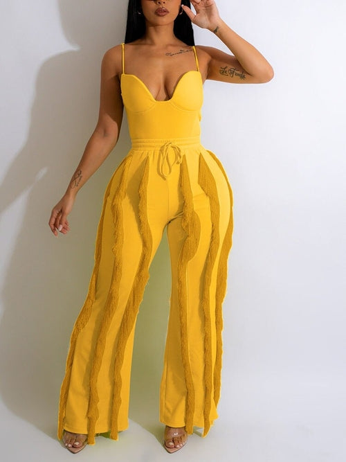 Women's Spaghetti Strap Tassels Fringed Slim Jumpsuit