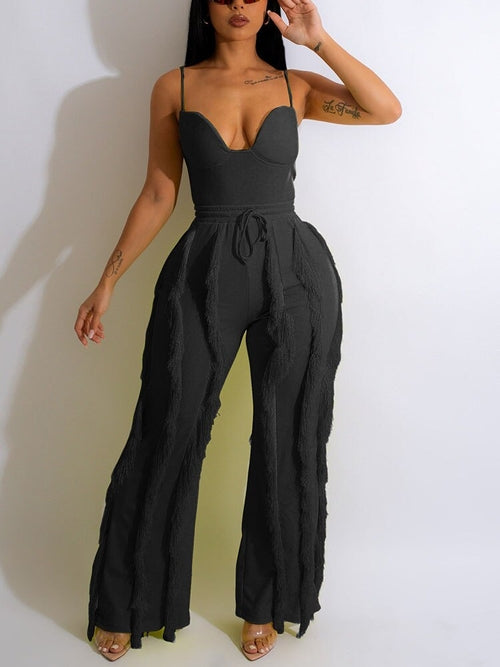 Women's Spaghetti Strap Tassels Fringed Slim Jumpsuit