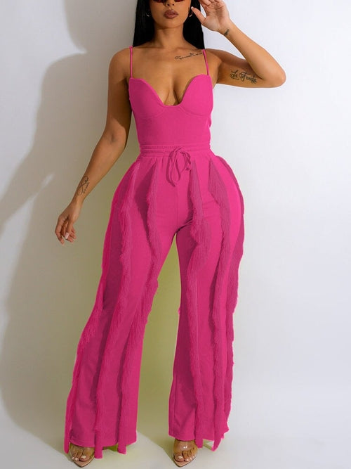 Women's Spaghetti Strap Tassels Fringed Slim Jumpsuit