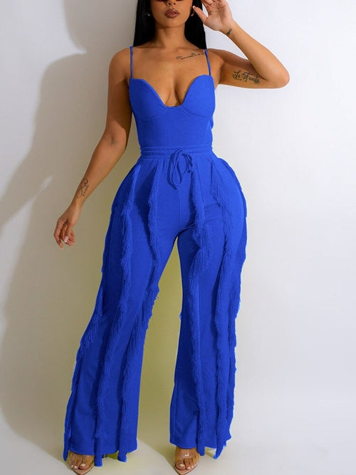 Women's Spaghetti Strap Tassels Fringed Slim Jumpsuit