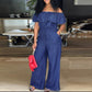 Women's Ruffled Off Shoulder Pocket Wide-Leg Long Denim Jumpsuit