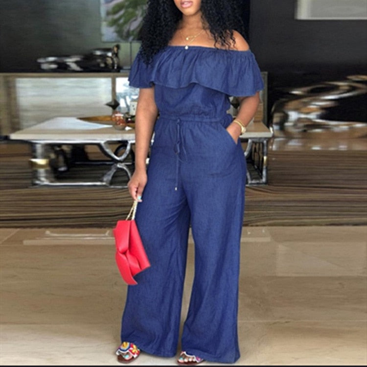 Women's Ruffled Off Shoulder Pocket Wide-Leg Long Denim Jumpsuit