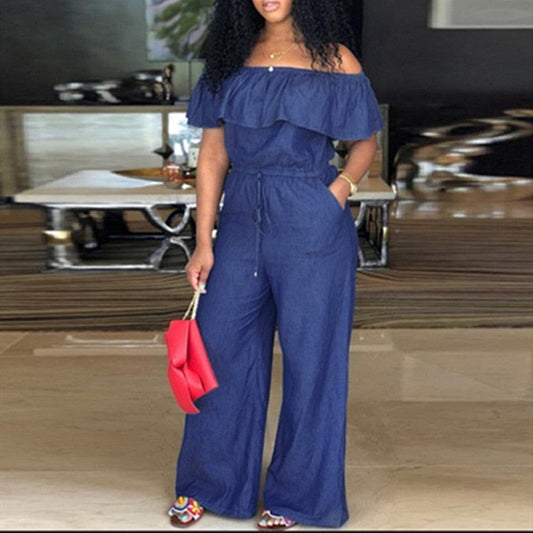 Women's Ruffled Off Shoulder Pocket Wide-Leg Long Denim Jumpsuit