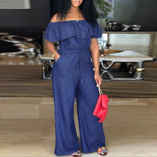 Women's Ruffled Off Shoulder Pocket Wide-Leg Long Denim Jumpsuit
