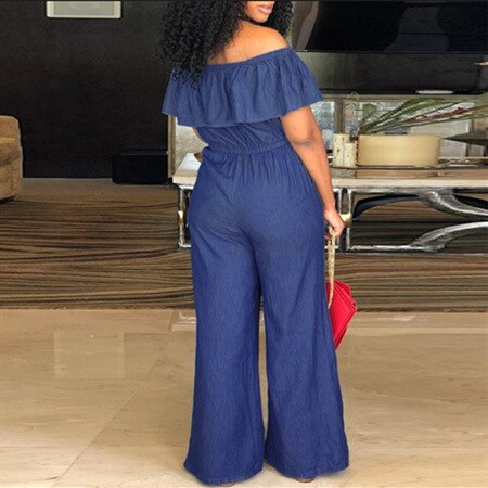 Women's Ruffled Off Shoulder Pocket Wide-Leg Long Denim Jumpsuit