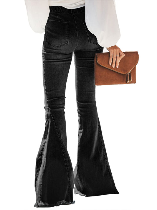 Women's Elastic Waist Distressed Flared Long Bell Bottom Denim Jeans