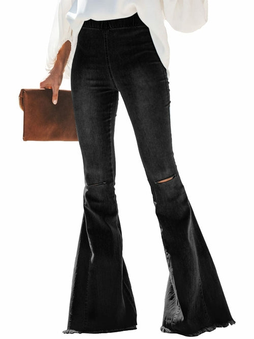Women's Elastic Waist Distressed Flared Long Bell Bottom Denim Jeans