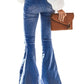 Women's Elastic Waist Distressed Flared Long Bell Bottom Denim Jeans