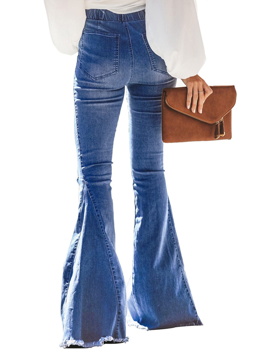 Women's Elastic Waist Distressed Flared Long Bell Bottom Denim Jeans