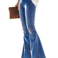 Women's Elastic Waist Distressed Flared Long Bell Bottom Denim Jeans