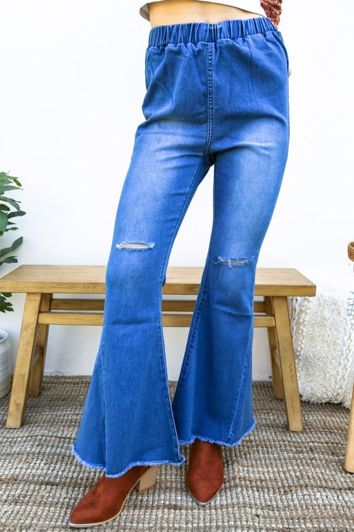 Women's Elastic Waist Distressed Flared Long Bell Bottom Denim Jeans