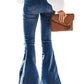 Women's Elastic Waist Distressed Flared Long Bell Bottom Denim Jeans