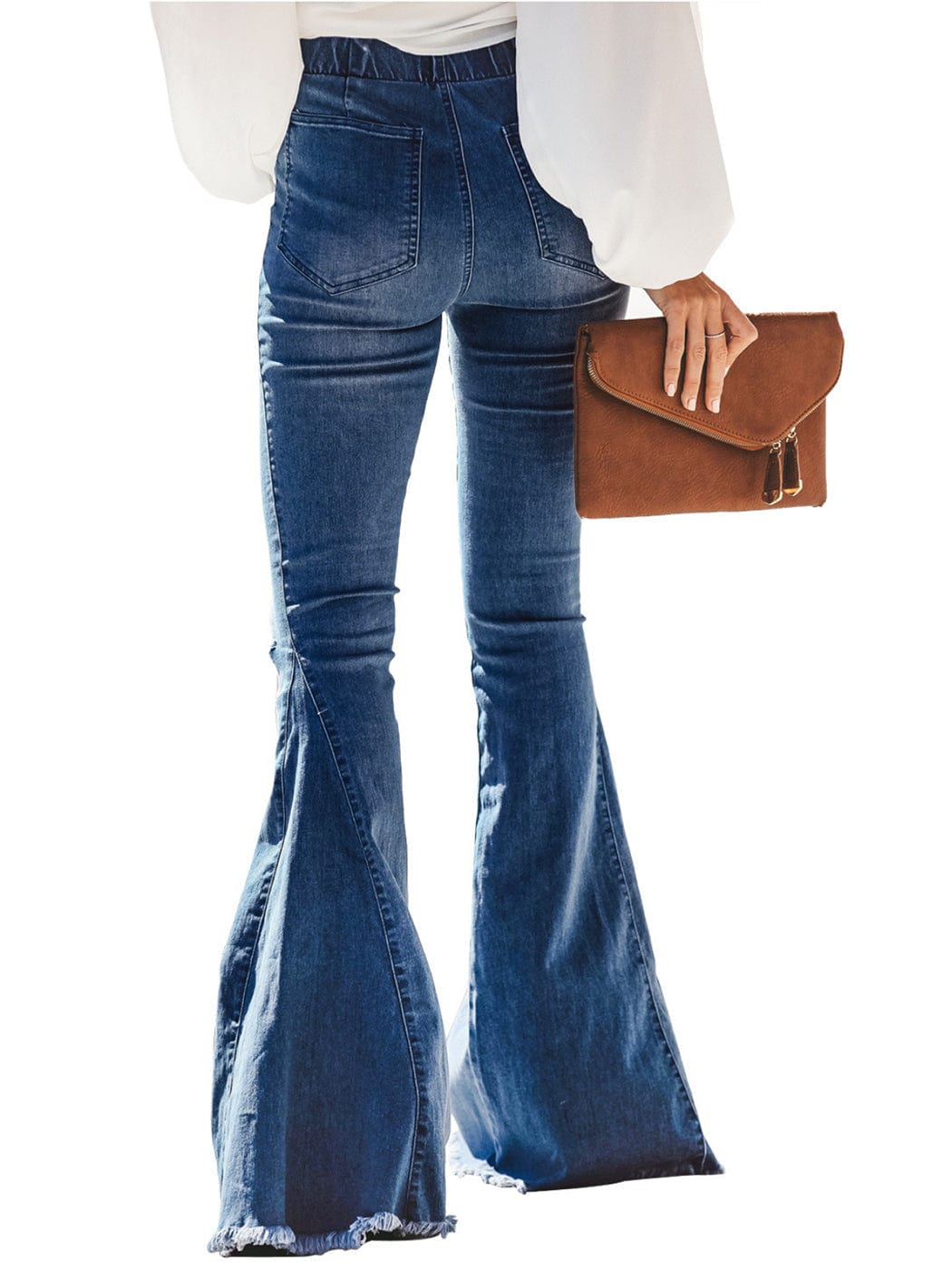 Women's Elastic Waist Distressed Flared Long Bell Bottom Denim Jeans