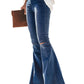 Women's Elastic Waist Distressed Flared Long Bell Bottom Denim Jeans