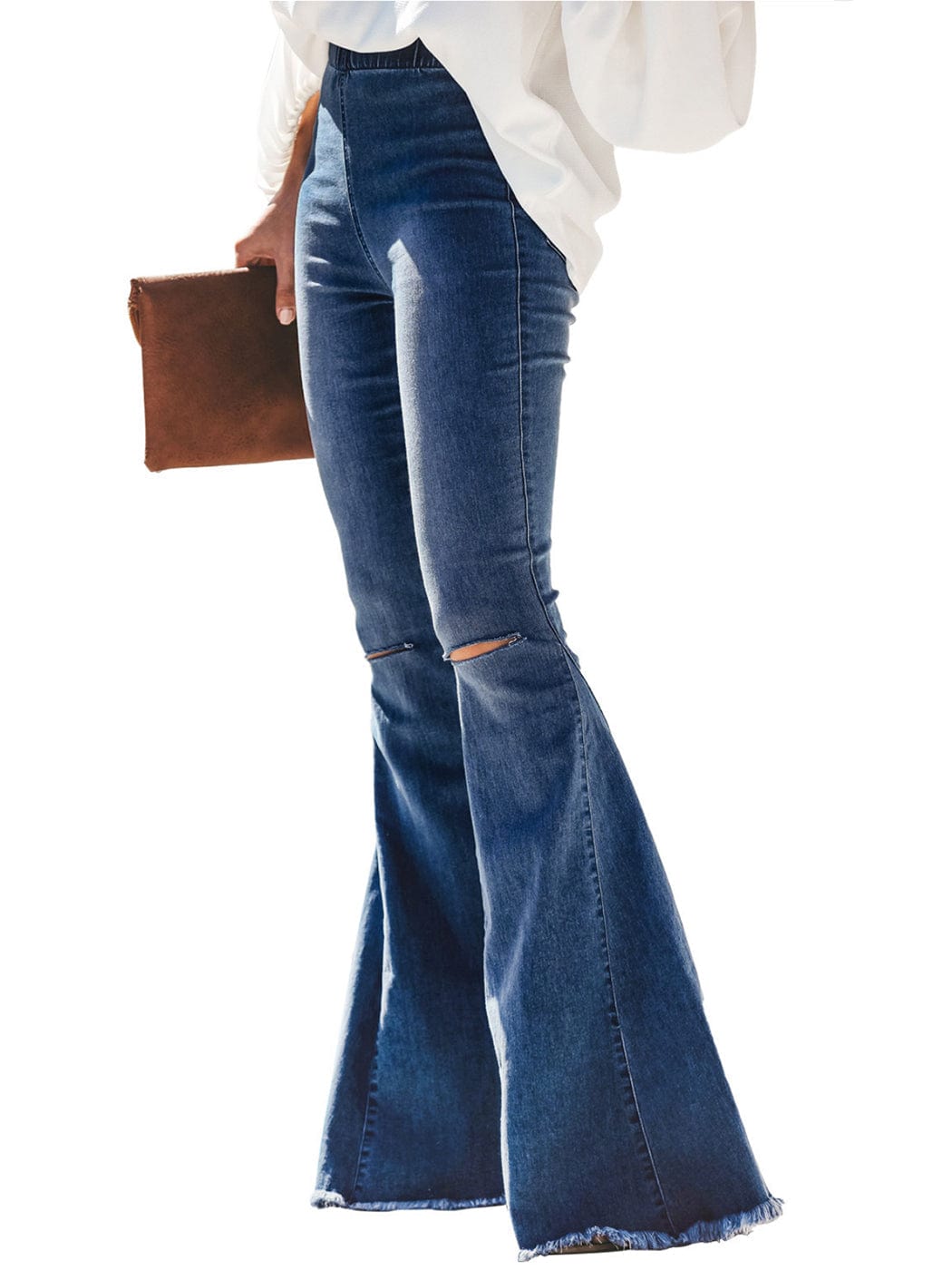 Women's Elastic Waist Distressed Flared Long Bell Bottom Denim Jeans