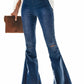Women's Elastic Waist Distressed Flared Long Bell Bottom Denim Jeans