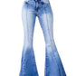 Women's Elastic Waist Distressed Flared Long Bell Bottom Denim Jeans