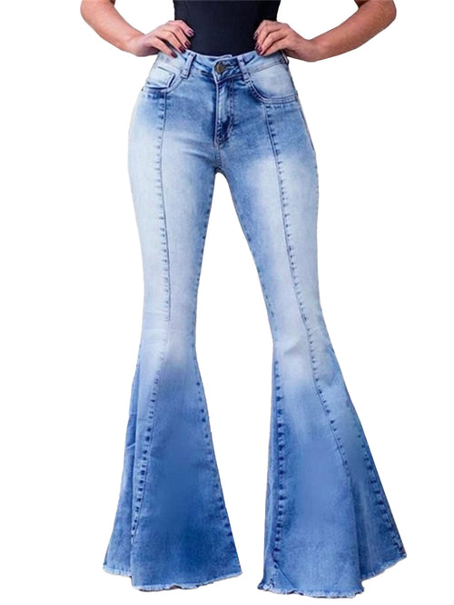 Women's Elastic Waist Distressed Flared Long Bell Bottom Denim Jeans