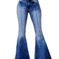 Women's Elastic Waist Distressed Flared Long Bell Bottom Denim Jeans