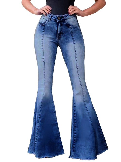 Women's Elastic Waist Distressed Flared Long Bell Bottom Denim Jeans
