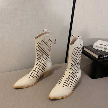 Women's Pointed Toe Western Toe Thick Heel Net Cowboy Boots