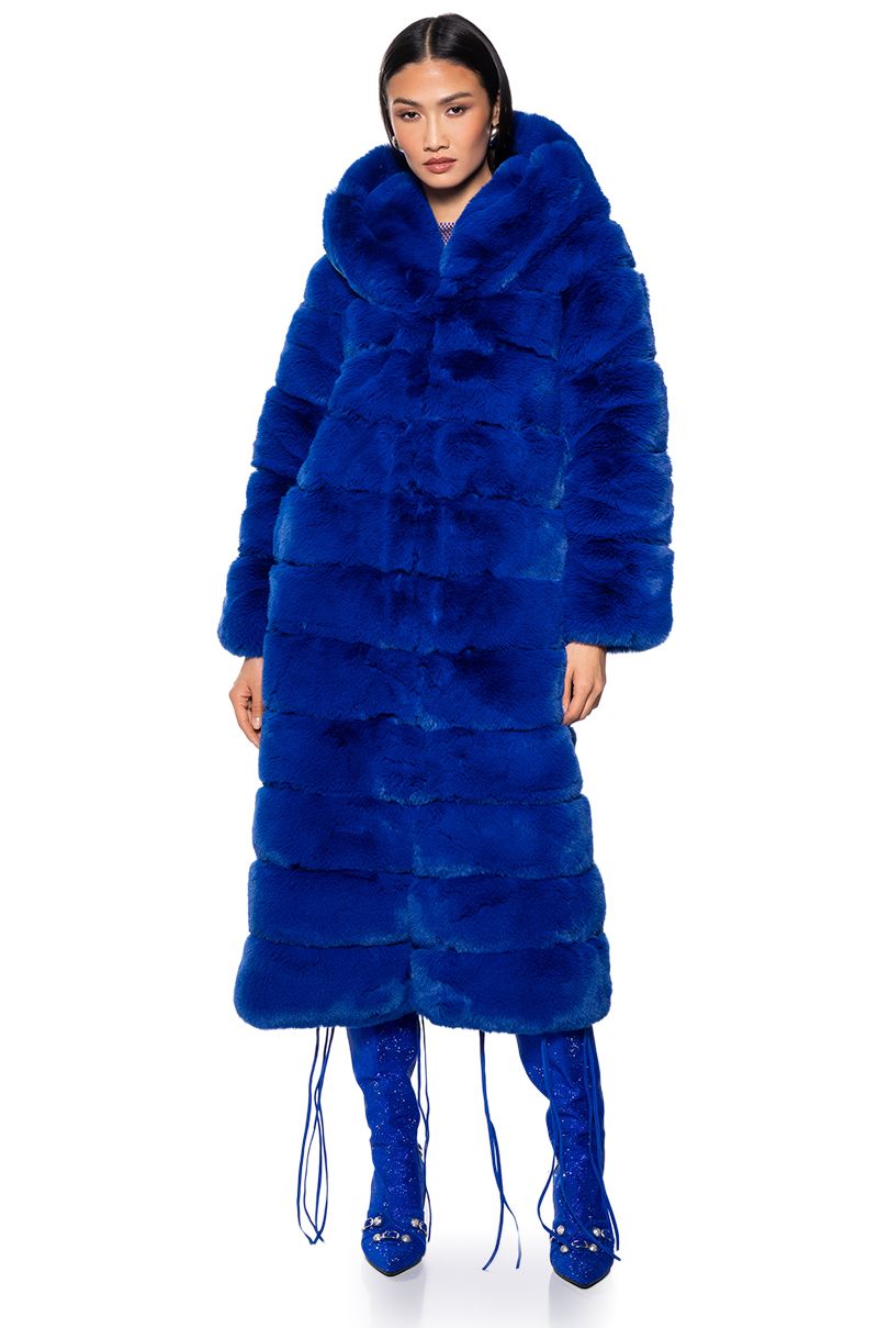 Thickened Royal Blue Faux Fur Long Warm Hooded Coat
