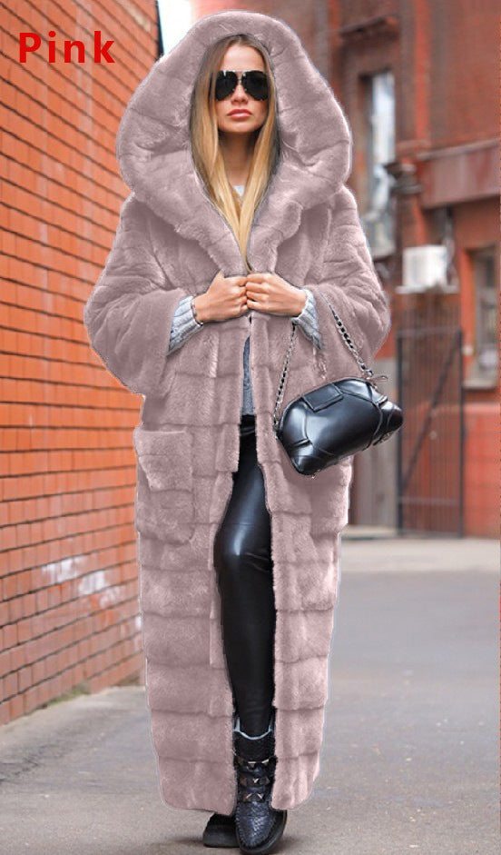 Thickened Royal Blue Faux Fur Long Warm Hooded Coat