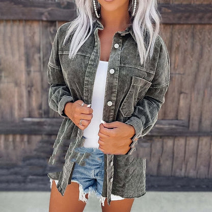 Women's Retro Distressed Corduroy Shirt Jacket
