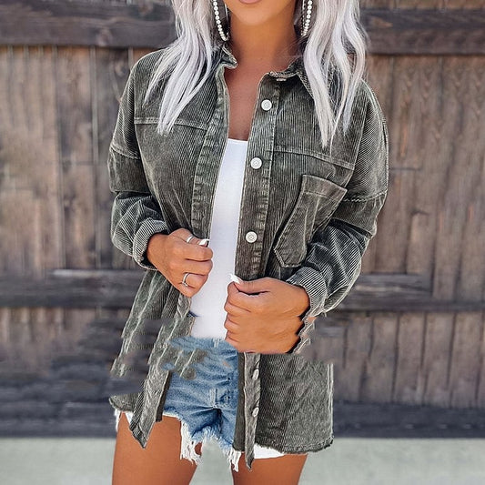 Women's Retro Distressed Corduroy Shirt Jacket