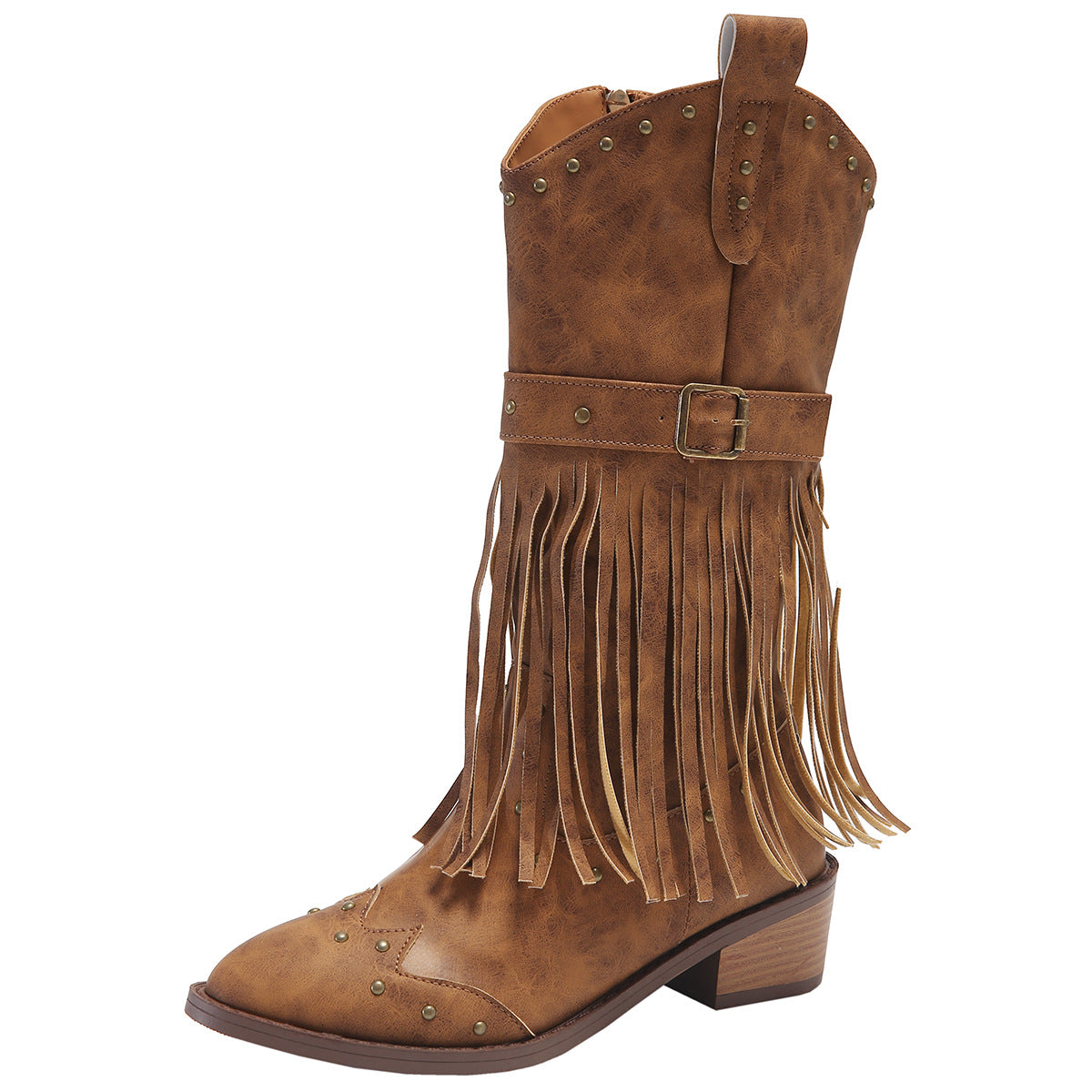 Women's Retro Tassel Boots With Rivet Strap Buckle Mid-calf Western Boots