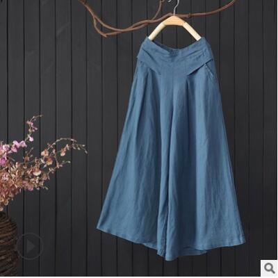 Women's Cotton and Linen Casual Retro Plus Size Wide Legs Cropped Pants
