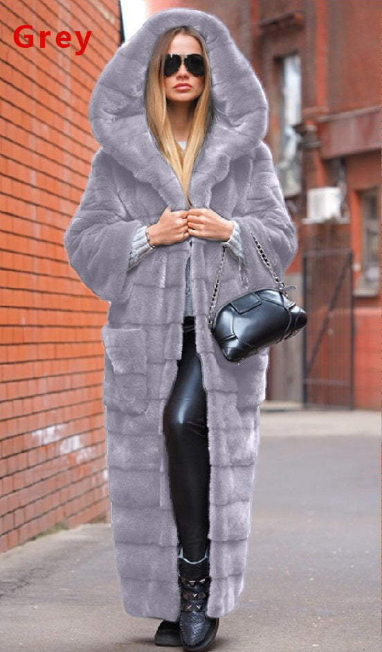 Thickened Royal Blue Faux Fur Long Warm Hooded Coat
