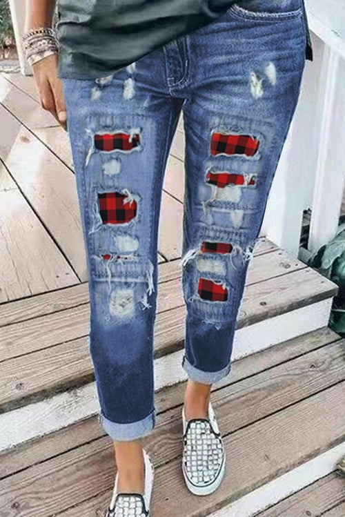 Women's Ripped Plaid Straight Legs Jeans