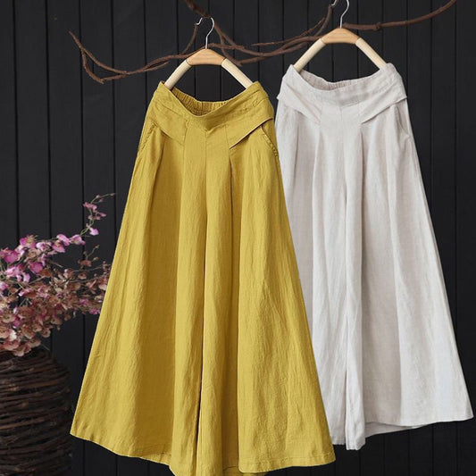 Women's Cotton and Linen Casual Retro Plus Size Wide Legs Cropped Pants