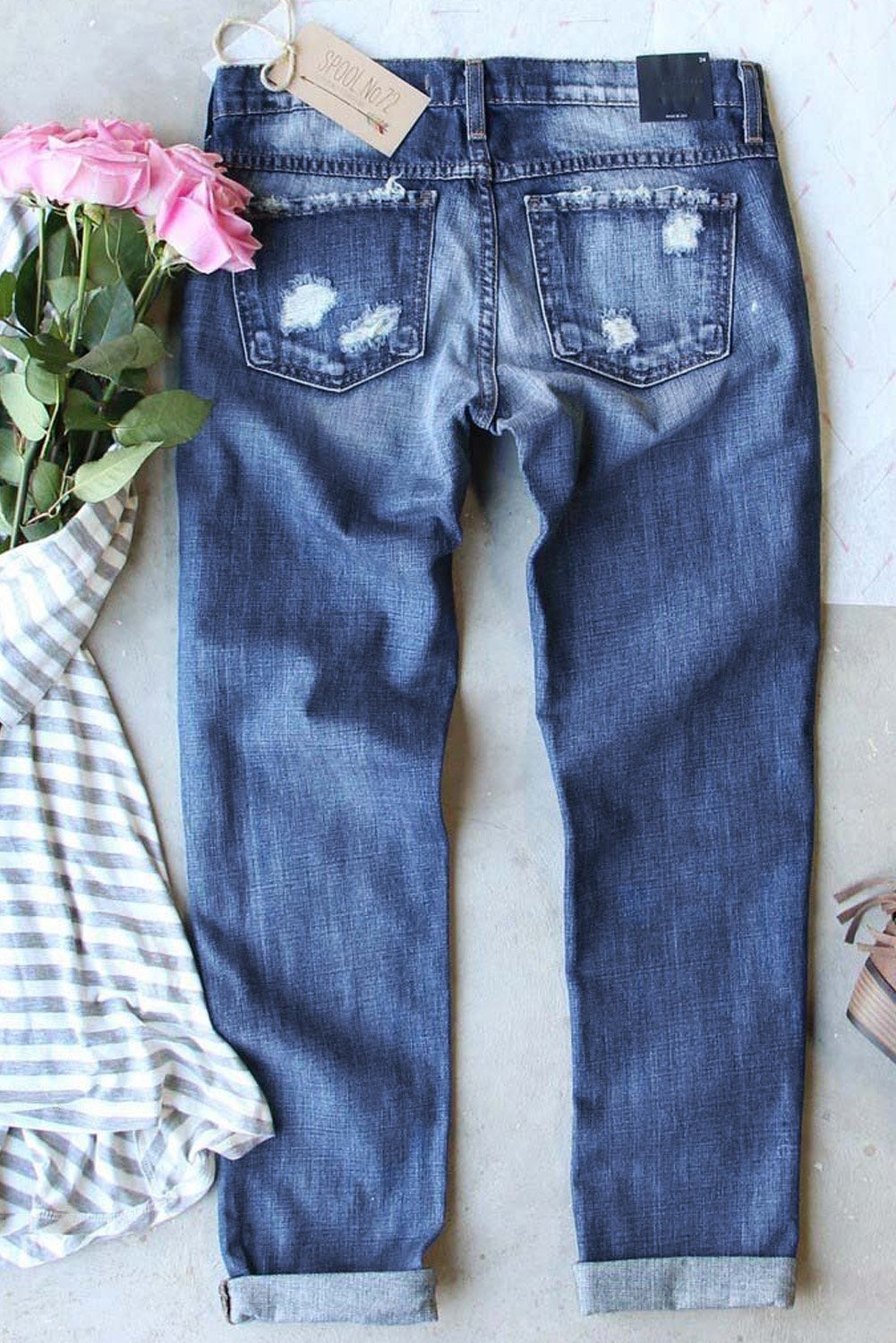 Women's Ripped Plaid Straight Legs Jeans