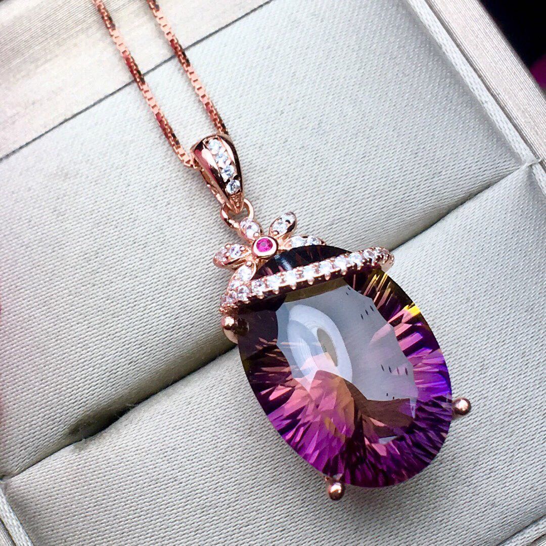 Women's Genuine Amethyst Precious Stone Pendant S925 Silver Necklace