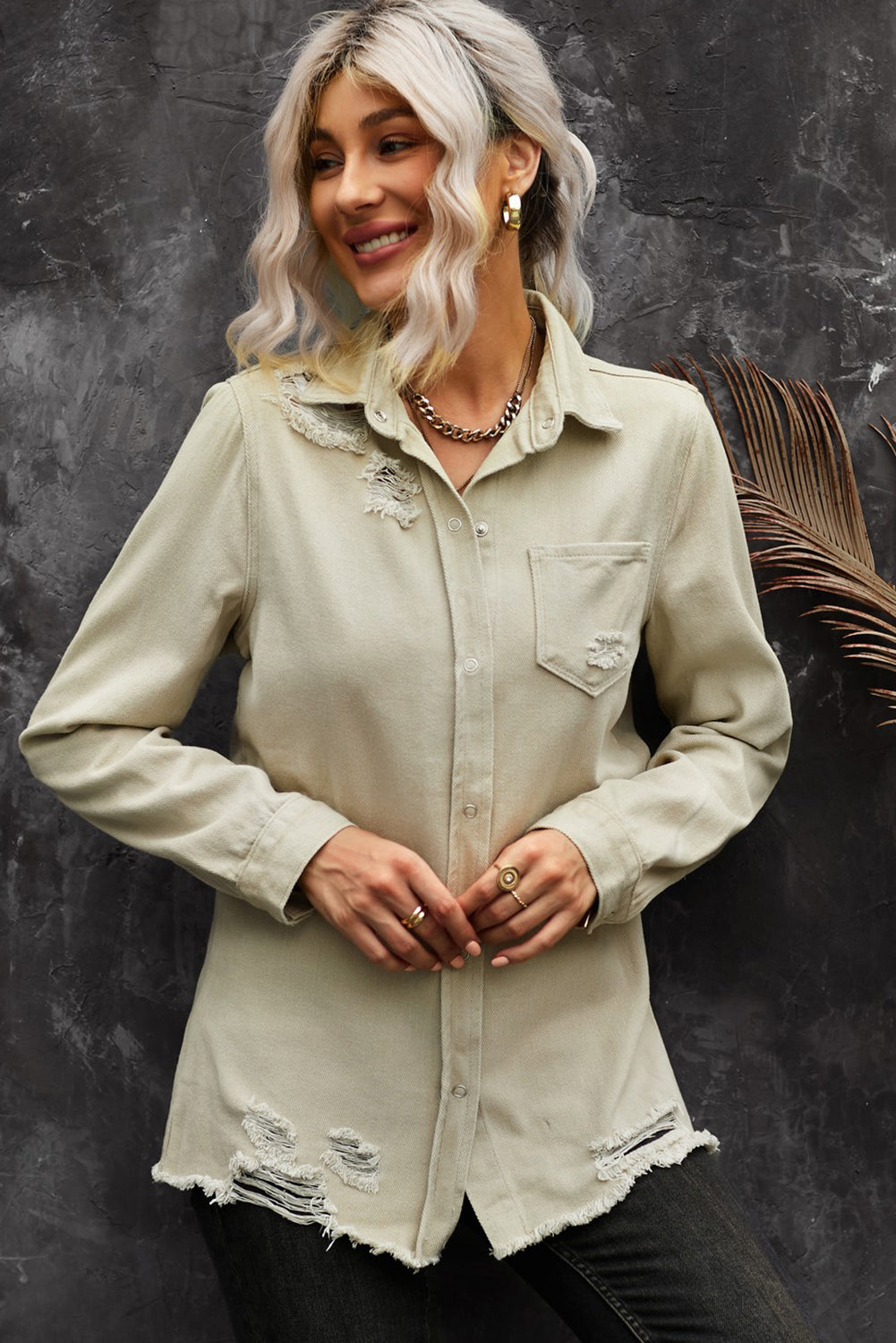 Women's Distressed Snap Down Denim Jacket