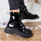 Tween's Lace Up Chunky Patent Ankle Boots in Black