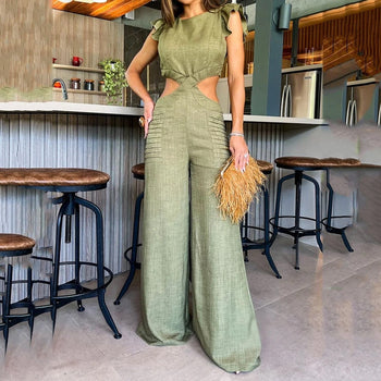 Women's Hollow Out Open Waist Wide Legs Loose Long Pants Jumpsuit
