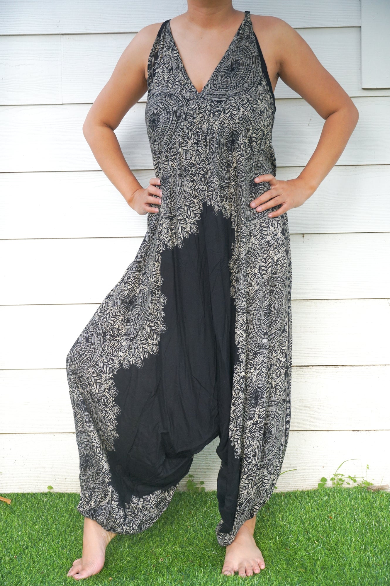 Women's Black Lotus Boho Hippie Jumpsuit Rompers