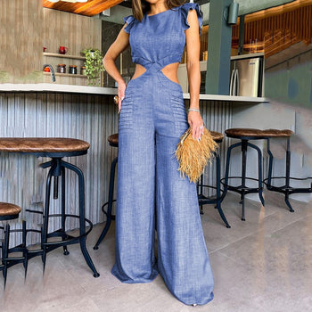 Women's Hollow Out Open Waist Wide Legs Loose Long Pants Jumpsuit