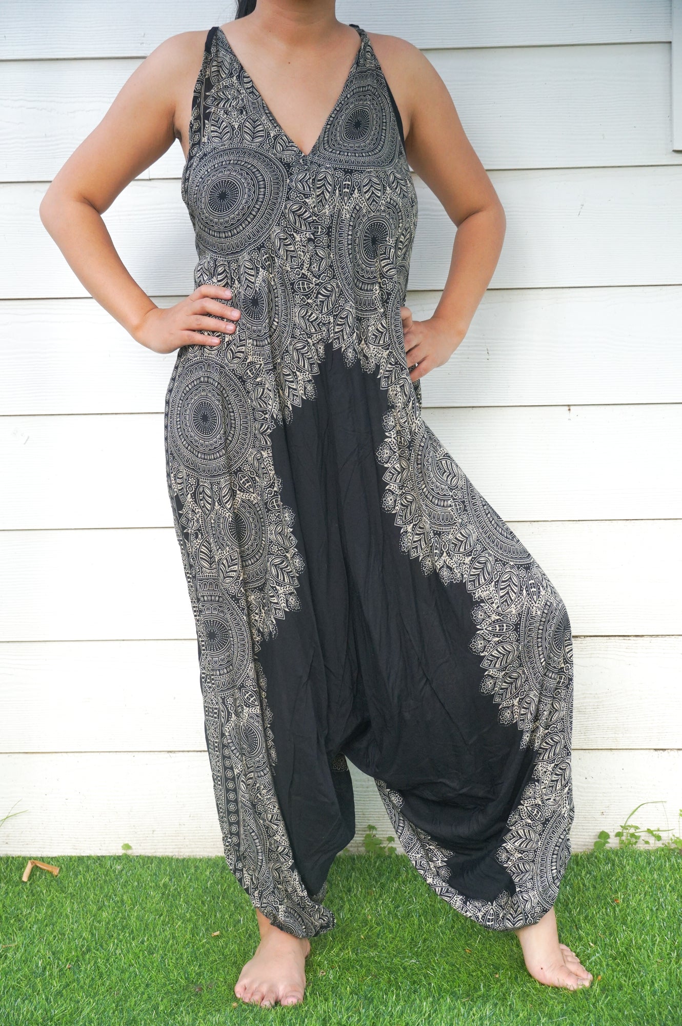 Women's Black Lotus Boho Hippie Jumpsuit Rompers